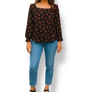 Garnet Hill Floral Blouse Square Neck Fairycore Cottagecore Top Black Red Size S